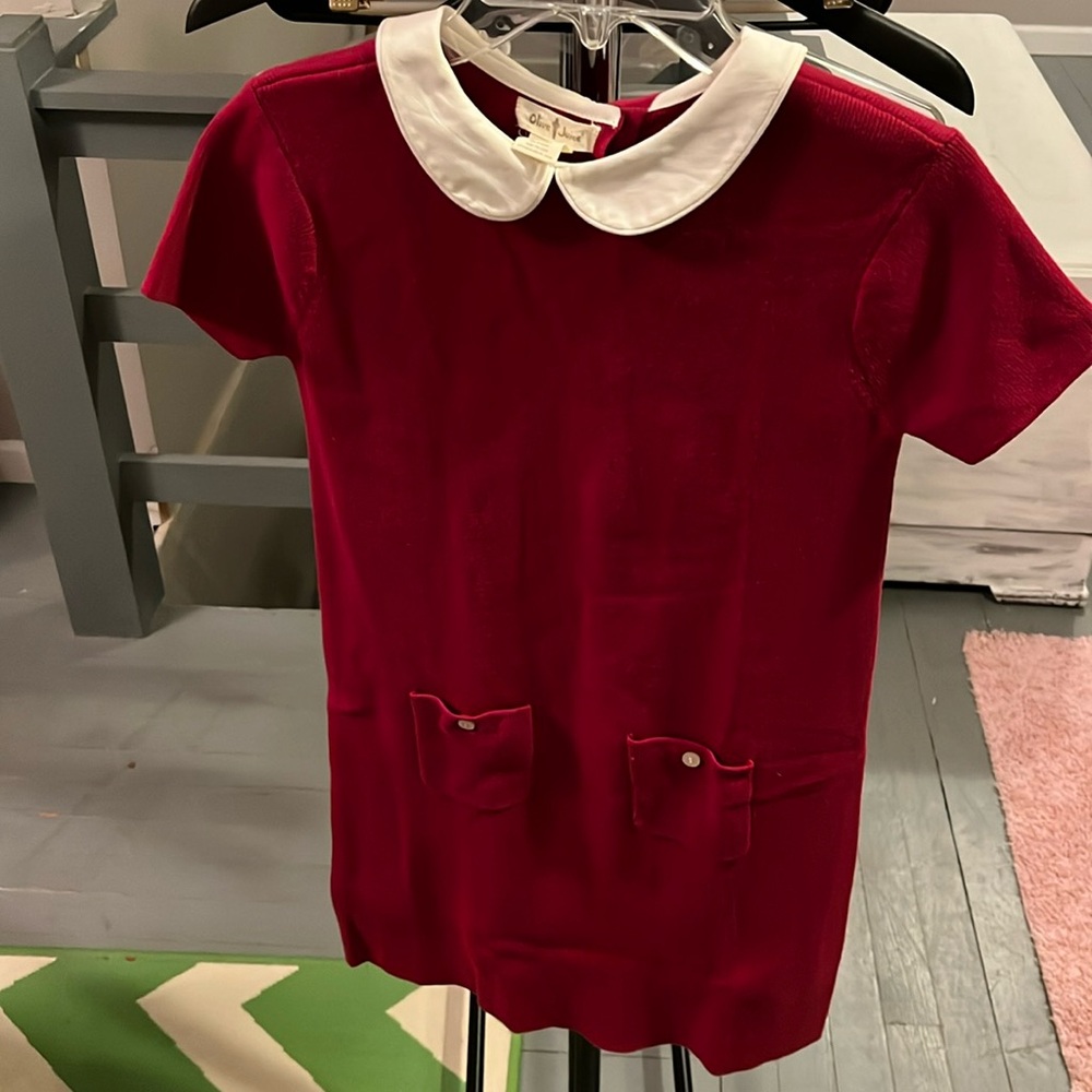 Red sweater dress with white Peter Pan collar